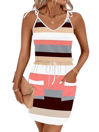Image of AUSELILY Womens Summer Dresses Sleeveless Spaghetti Strap Beach Cover up Drawstring Waist Mini Short Dress with Pockets