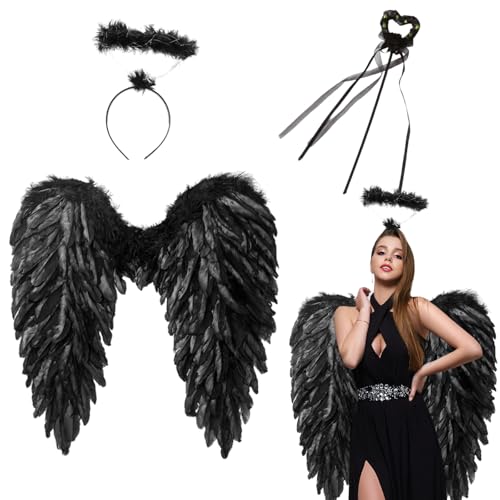 Yi'antai 60cm Engelsflügel Schwarz, Engel Flügel mit Heiligenschein, Gefallener Engel mit Zauberstab, Engel und Teufel Flügel Kostüm Damen,...