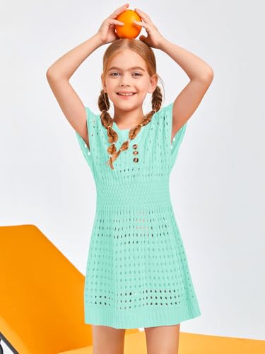 Image of Haloumoning Girls Crochet Swim Beach Cover Up Kids Fashion Button Short Sleeve Swimsuits Cover Ups 5-14 Years
