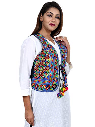 Image of Craft Trade Women's Cotton Embroidered Kutchi Jacket with Tassels Sleeveless Mirror Work