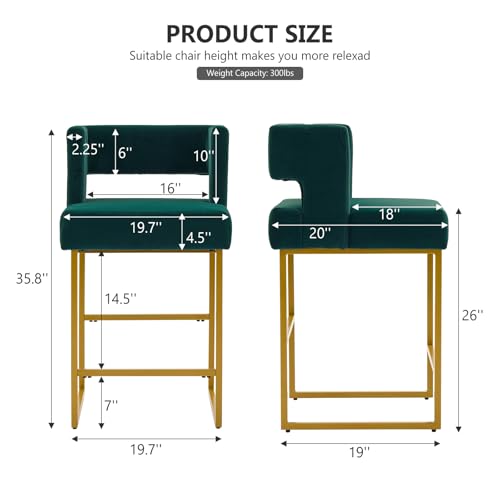 Image of 26 inch H Velvet Bar Stools Set of 6, Counter Height Bar Seats with Square Back, Modern Upholstered Armless Barstools with Metal Gold Legs for Kitchen Island Dining Room Bar, Green
