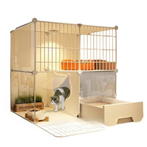 AOPIPI トイレ付き猫ケージ、2層、DIY組み立て、通気性、脱走防止、取り外し可能、スタイリッシュ、大型、広々とした、スリム、溢れ防止、一体型トイレ、組み立て簡単 (アップグレード,ベッドルーム1室)