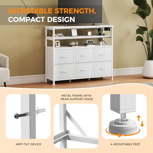Image of NEWBULIG Dresser TV Stand with 6 Fabric Drawers and 2 Shelves, TV Media Console Table for Up to 45 inch, Entertainment Center with Charging Station for Living Room Bedroom, White