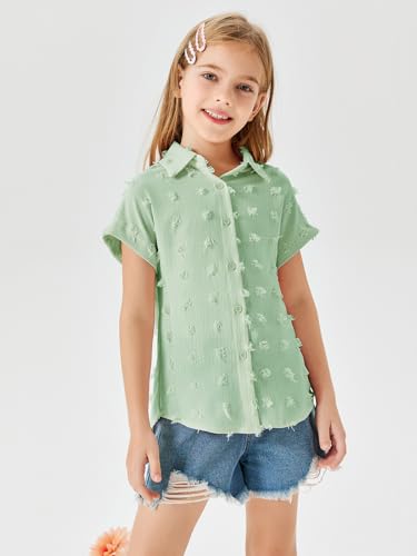Image of Haloumoning Girls Button Down Shirts Short Sleeve Kids Casual Chiffon Blouse Summer Tops T-Shirt