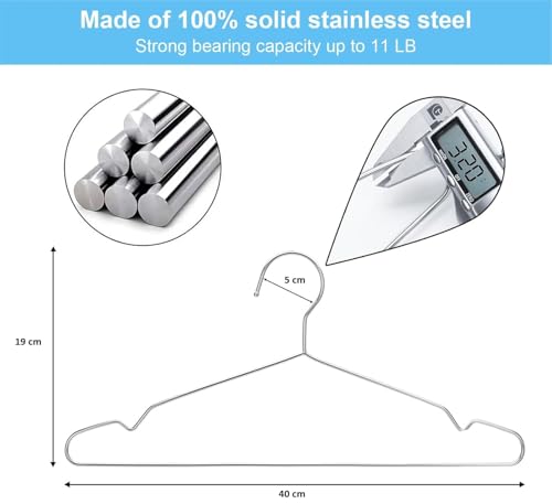 Image of Zollyss Cloth Hangers Stainless Steel | Heavy Duty Wire Hangers with Non Slip Grooves | 40 cm Ultra Thin Space Saving Wardrobe Organiser | Silver (Pack of 10)