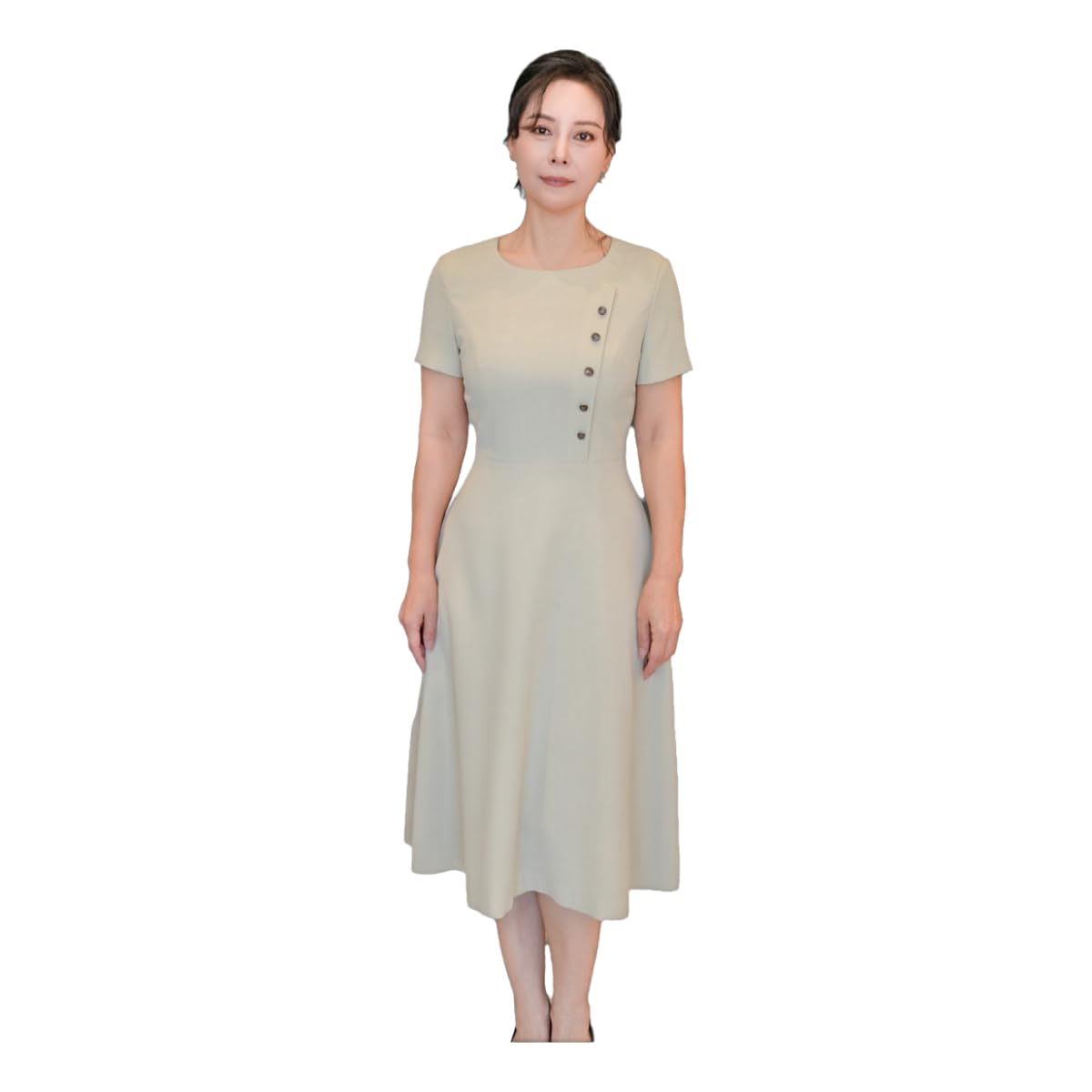 Light Green Knee-Length Dress with Side Button Detailing Short Sleeves and an A-line Silhouette