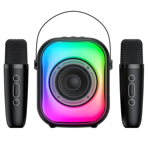 ERYUE Máquina del Karaoke del Presidente Canto de BT con 2 Micrófonos Inalámbricos y Luces LED Coloridas para el Partido Casero (Negro)