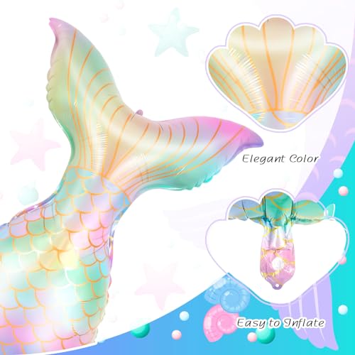 Image of 6 Pcs Mermaid Balloons, SeaShell Foil Balloons, Mermaid Tail Mylar Balloons for Sea Ocean Themed Birthday Party Decorations Baby Shower (Pack of 2)