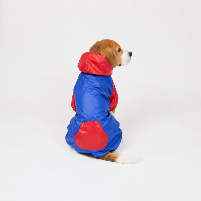 Image of Thunder Tails Dog Raincoat Waterproof Jacket for Dogs with Hood | Double Layer Water Resistant Polyester, Adjustable Fit, Snap Button Closure, Lightweight Pet Rain Wear (Royal Blue /Red, L)