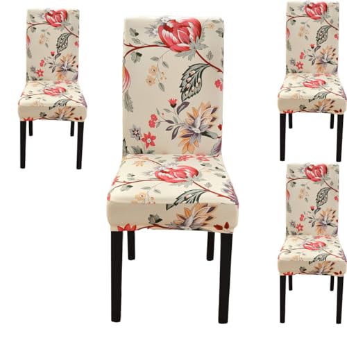Image of Styleys Chair Covers for Dining Room, Stretch Dining Chair Cover, Washable Spandex Kitchen Chair Slipcovers (Set of 4, Red Leaves, SD3219)