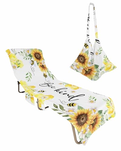 Sunflower Bee Beach Chair Cover with Side Pockets, Microfiber & Quick Dry Pool Chaise Lounge Chair Towels Covers for Sun Sunbathing Patio Garden Hotel, Yellow Honey Floral Eucalyptus Spring Summer