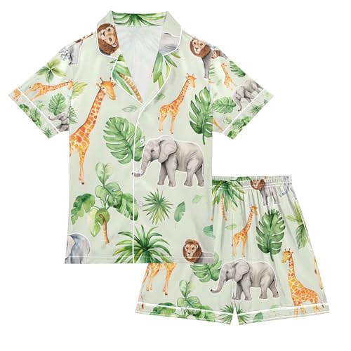 senya Cute African Animals A Satin Summer Pajama Sets Silk Short Sleeve Button Down Sleepwear