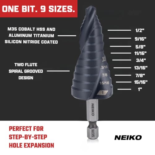 Image of NEIKO 10625B Step Drill Bit, 9 Steps 1 /2 inch to 1 inch Spiral M35 Cobalt, AlTiSiN Coated, 1 /4 inch Quick Change Step Bits for Steel, Metal, Wood, Plastic, Unibit Cone Drill Bits, Two Flute