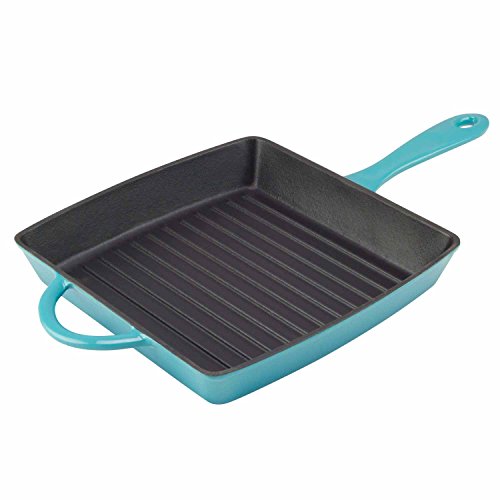 Zelancio Cookware 10-Inch Enameled Cast Iron Square Grill Pan, Perfect for Steak, Grilled Cheese, Paninis and More, Teal