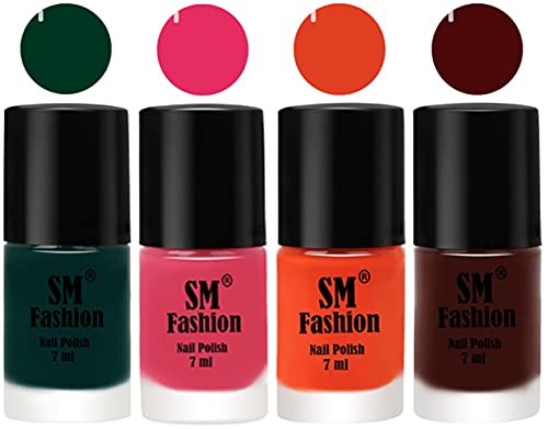 Image of Nail Polish Combo Set (Pack of 4) Quick Dry Gel Finish Nail Paint | Dark Green,Dark Rose Pink,Reddish Orange ,Wine | 7 ml Each