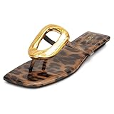 PARTY Square Toe Flip Flops Women,Fashion Designer Thong Sandals with Gold Buckle Trendy Summer Comfort Flat Sandals,LEOPARD PU-8.5