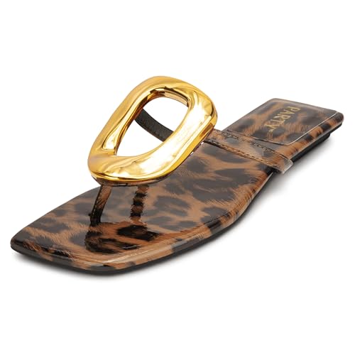 PARTY Square Toe Flip Flops Women,Fashion Designer Thong Sandals with Gold Buckle Trendy Summer Comfort Flat Sandals,LEOPARD PU-9