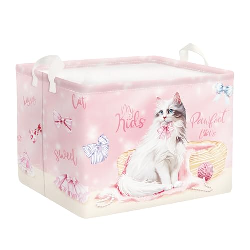 Clastyle Cestos Almacenaje Infantil Gato Lindo Cesta Ropa Sucia Plegable para Habitación Infantil Dormitorio Cajas de Almacenaje Juguetes para Mujeres Chica, Rosa, 40 * 30 * 30 cm