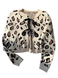 SHENHE Women's Leopard Print Bow Tie Front Crew Neck Cropped Cardigan Sweater Trendy Khaki Small