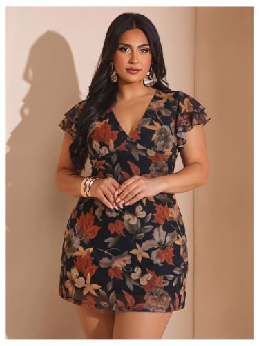Image of BEAUDRM Women's Plus Size Cocktail Floral Short Dress Deep V Ruffle Short Sleeve Bodycon Mesh Wedding Guest Party Dresses