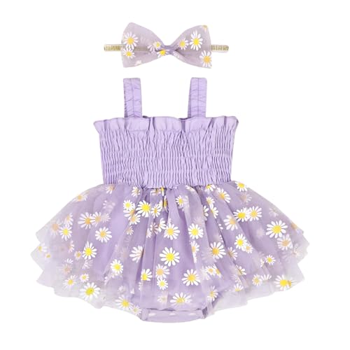 Image of Aenbilo Baby Girl Summer Clothes Sleeveless Girl Clothes Cute Lace Daisy Romper Bodysuit Summer Outfits Headband 0-12Months