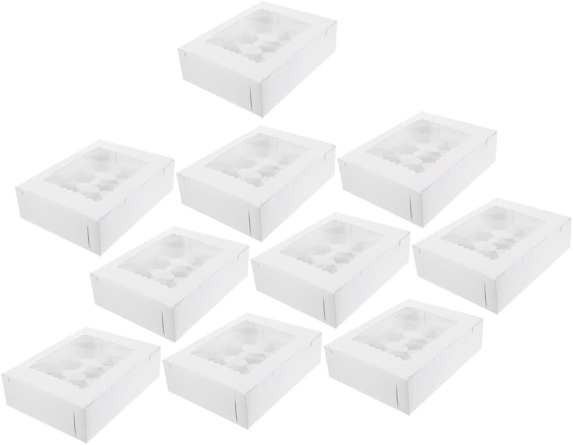 VICASKY 10pcs Cupcake Carrier Boxes with Window, White Cardboard Muffin Cake Packaging, Paper Bakery Dessert Boxes for Parties and Home Storage