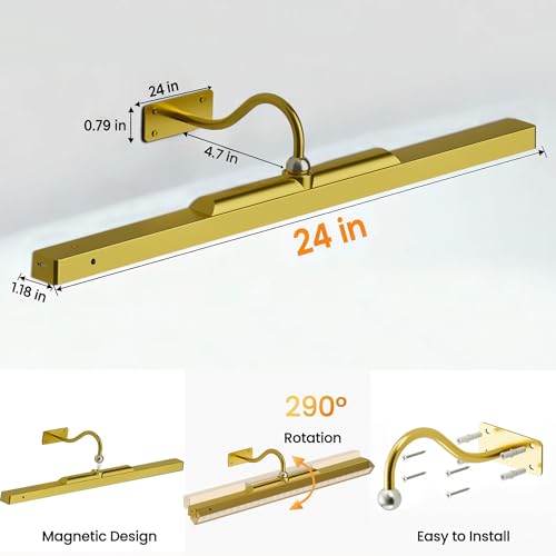 Image of 2 Pack Picture Art Lights - 24 Inch 6000mAh Gold Cordless Battery Powered Art Light with Dimmable Remote for Living Room, Artwork & Dartboard