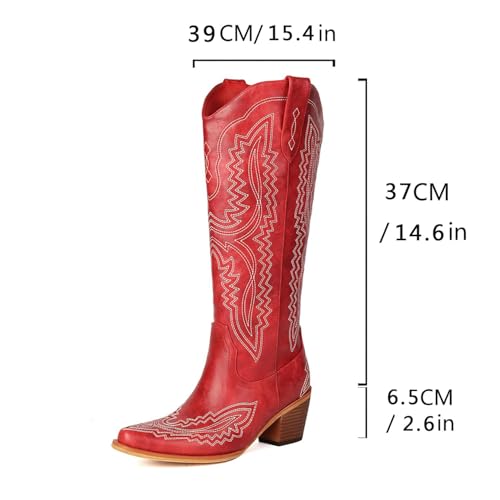 Image of Knee High Cowboy Boots Women Western Embroidered Cowgirl Boot Pointed Toe Chunky Heel Pull On Side Zipper