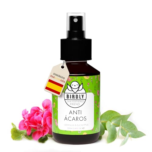 Birdly Spray Anti Acaros para Aves - Apto para Canarios, Periquitos, Agapornis y Gallinas - 100ml - Protege tu Pajaro y su Jaula de Ácaros, Piojos y Pulgas - Insecticida Piojos Gallinas Tratamiento