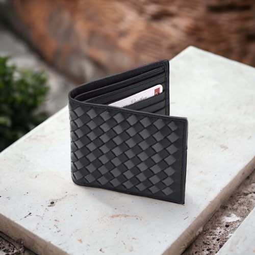 Premium Nappa Leather Wallet - Wallet for Men with Intrecciato Criss-Cross Design, 8 Card Slots, RFID Blocking - Expert Craftsmanship, Gift-Worthy Packaging(Black&Grey)3