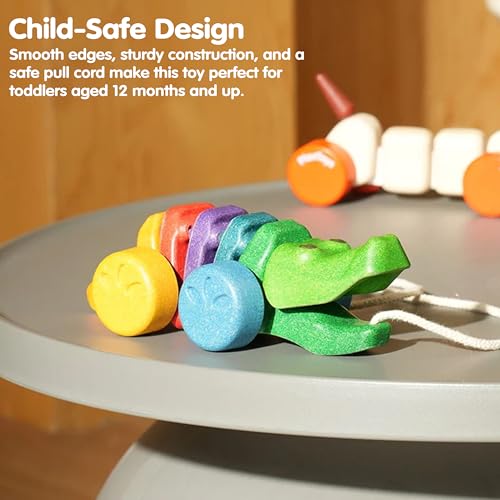 PlanToys® Rainbow Dancing Alligator Pull Toy for Toddlers | Eco-Friendly Wooden Toy with Click-Clack Sound | Walking Toy for Babies - Thumbnail 5