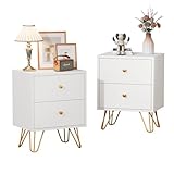 Tradare White Nightstand, White and Gold Nightstand Set of 2, Night Stand with Drawers, End Table with Metal Legs and Gold Handles, White Bedside Table for Bedroom