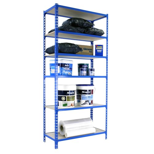SimonRack Schwerlastregal, Lagerregal, 250x90x30 cm, Metallregal, Kellerregal, Biegestelle 150 kg, 6 Holzfachböden, Blau/Holz - Maderclick