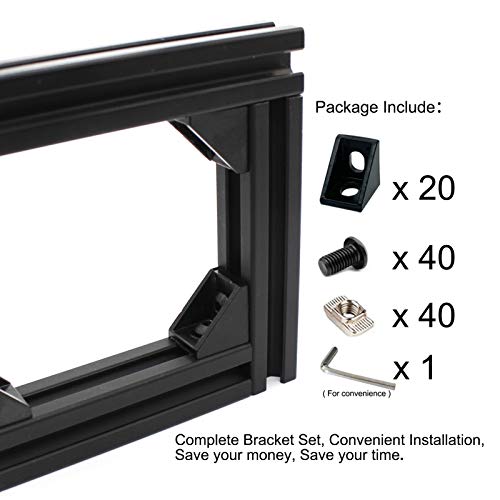 Image of 20 Sets 2020 Aluminum Extrusion T Slot Corner Bracket 20 Series Extruded Hardware 90 Degree Right Angle Connector with M5 Bolts Nuts for 20 /20 80 20 2040 T V Slot Black Aluminum Profile