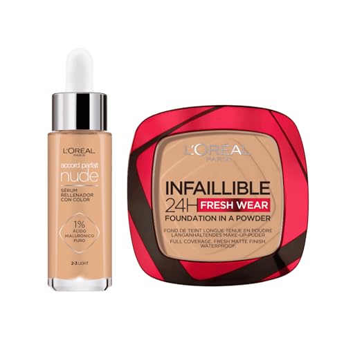 Pack L'oréal Paris Accord Parfait Sérum Con Ácido Hialurónico Tono 2-3 Light + Polvo Compacto Mate Infalible 24h, Larga Duración, Cobertura Media-Alta, Resistente Al Agua, Tono: 140 Golden Beige
