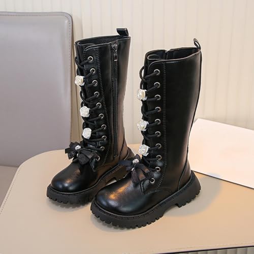 Kids Girls Knee Length Boots Fashion Lace Up Side Zip Combat Boots Winter High Tall Boots with Bow Casual Outdoor Hiking Riding Shoes2
