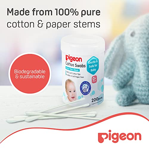 Image of Pigeon Cotton Swabs Extra Thin Stem | 100% Soft Cotton Tips | BPA Free & Eco Friendly | Gentle Baby Ear & Hygiene Care | White | 200 pcs (Pack of 2)
