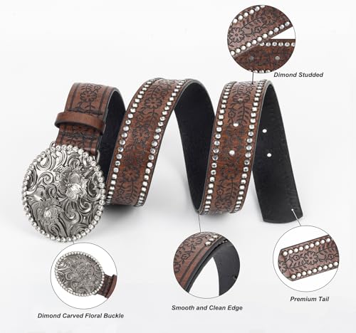 Floral-Western-Belt for Womens Vintage-Diamond-Buckle Belt Cowgirl-Cowboy PU-Leather Belt for 28-38''Waist3