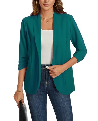 Image of MINTLIMIT Womens Casual Blazers Open Front 3/4 Ruched Sleeve Shawl Collar Work Office Blazer Jackets, Teal