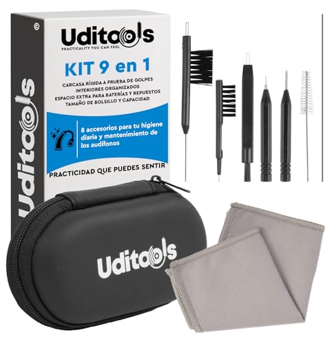 Kit de Limpieza de Audífonos 9en1 Uditools   Compatible con Prótesis RIC ITE BTE y Auriculares   Estuche de Bolsillo   Juego Limpiador Audífonos con Cepillos Cable Ultrafino e Imán Extractor de Pilas