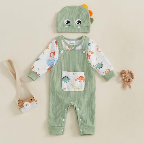 Fanvereka Infant Baby Boy Fall Outfits Dinosaur Long Sleeve Romper Overalls Long Pants Suit Hat Set 3 6 12 18 Months3