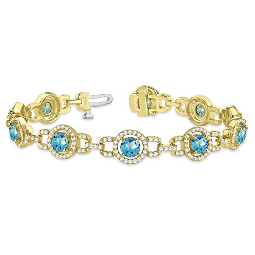 Luxury Halo Blue Topaz And Diamond Link Bracelet 14K Yellow Gold (8.00Ct) #TOP25