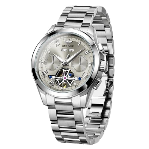 Image of OUPINKE Mens Automatic Watches Luxury Dress Self Winding Skeleton Tourbillon Mechanical Stainless Steel Sapphire Crystal Waterproof Genuine Watches for Men