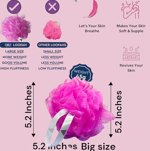 Image of QBZ Large Bath Loofah Sponge Scrubber Exfoliator for High Lather Cleansing (PINK, 1 Count (Loofah Pauch& Loofah))