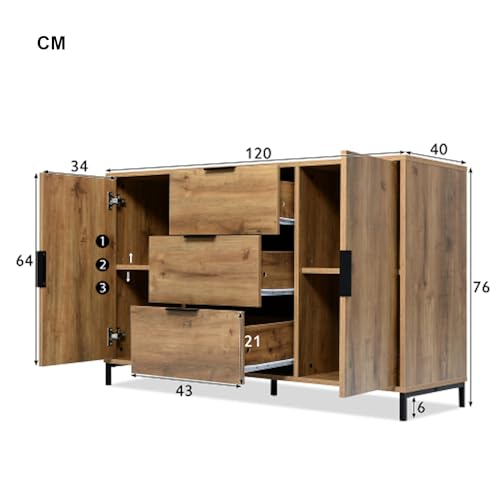 Cómoda de salón en roble oscuro de 2 puertas y 3 cajones con almacenamiento regulable 3