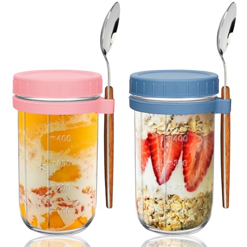 UHAPEER Overnight Oats Jar 600ml, Tarros de Cristal con Tapa y Cuchara Pack de 2, Botes Cristal con Marcas de Medidas y Tapas, Mason Jars para Yogur de Frutas,Cereales, Ensalada, Avena