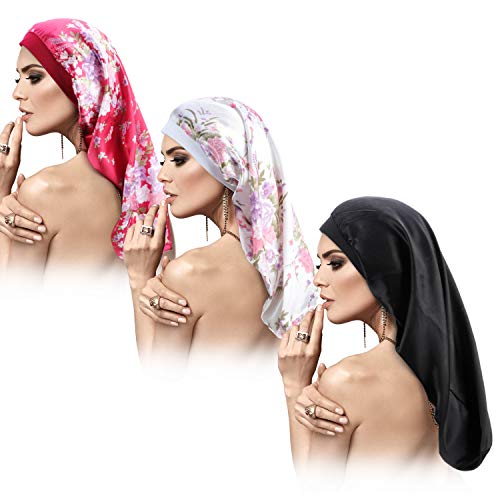 3 Pieces Satin Sleep Cap for Long Braids Hair, Silk Long Satin Bonnet Sleep Cap, Soft Elastic Band Loose Cap Bonnets for Women Dreadlocks, Braid Long Hair, Curly Hair (White Peony Pattern)