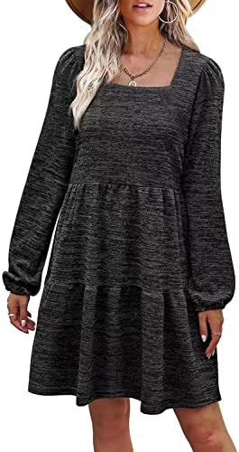 MOPOOGOSS Women Fall Winter Casual Dresses Square Neck Solid Color Long Sleeve Ruffle Elegant Flowy Mini Dresses for Women Black Medium