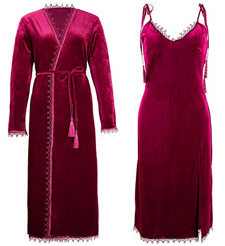 BellisMira Robe de chambre et nuisette en velours écrasé pour femme - Bleu et rouge (peut être acheté séparément), Ensemble : rouge, S