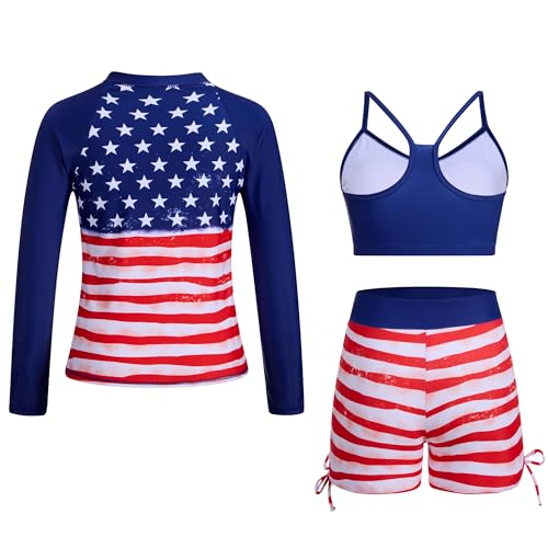 Image of Funnycokid Girls Swimsuit 3 Pieces Long Sleeve Rash Guard Zip Bathing Suits Teens Boyshort 3-14 Years